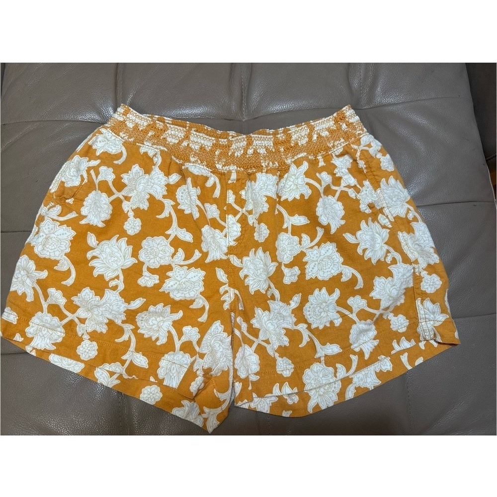 Briggs Orange Floral Linen Blend Smocked Waist Shorts Size Large - Picture 1 of 3